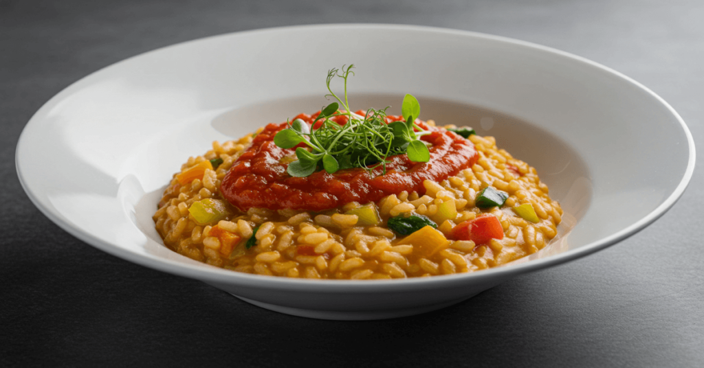 Perfekt zubereitetes, cremiges Risotto mit goldener Kruste, garniert mit frischen Kräutern und Parmesan.