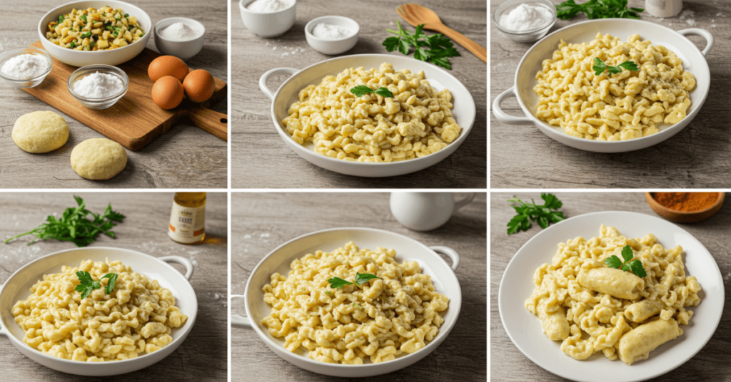 Frisch zubereitete Spätzle auf einem Teller mit goldener Butter und knusprigen Röstzwiebeln serviert