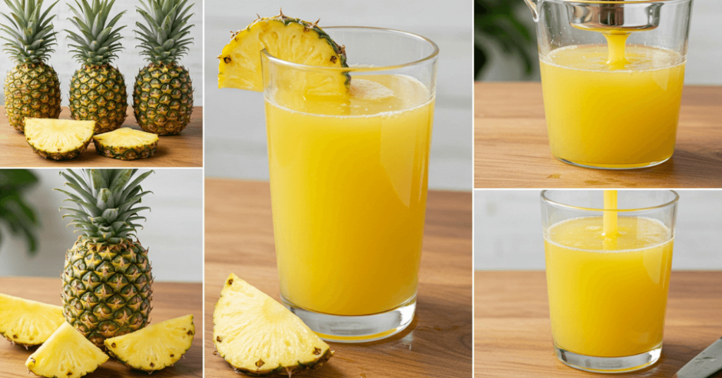Frischer Ananassaft in einem Glas mit Eiswürfeln, garniert mit Ananasscheibe und Minze