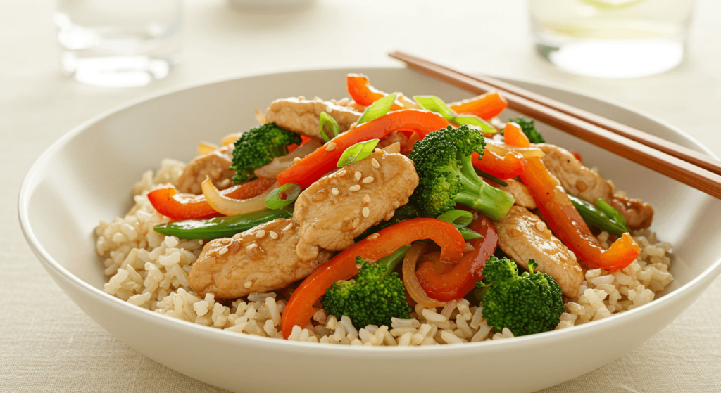Teller mit gesundem Abendessen aus frischem Gemüse, Quinoa, Lachs und Tofu
