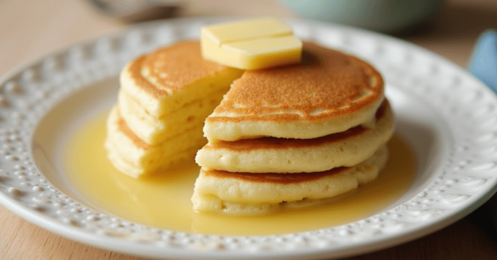 Fluffige Pfannkuchen ohne Ei, serviert mit frischen Früchten und Ahornsirup.
