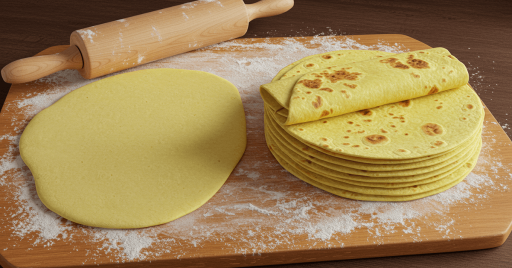 Hausgemachter Wraps Teig auf einem Holzbrett mit Nudelholz und Mehl bestäubt
