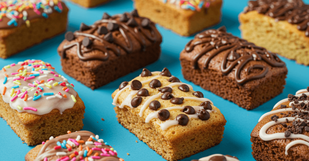Einfache, schnell zubereitete Kuchen in verschiedenen Variationen – frisch gebacken und servierbereit auf einem Kuchenteller.