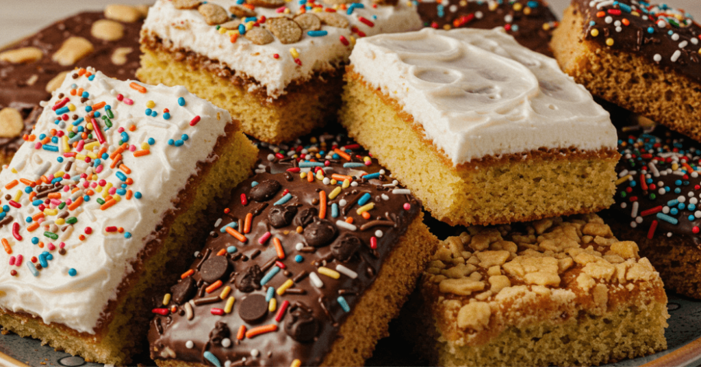Verschiedene frisch gebackene schnelle Kuchen auf einem rustikalen Holztisch – ideal für spontanen Backgenuss.