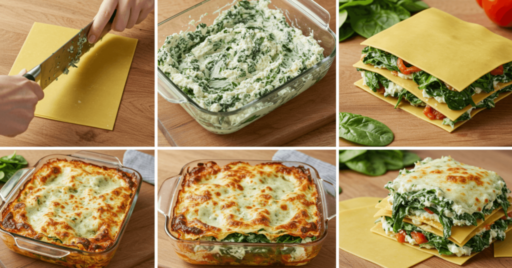 Ein köstlicher Teller Spinat Lasagne, bedeckt mit geschmolzenem Käse und einer goldbraunen Kruste, serviert auf einem stilvollen Teller.
