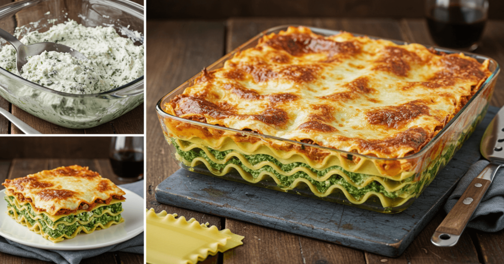 Ein Teller mit hausgemachter Spinatlasagne, überbacken mit Mozzarella und Parmesan, serviert auf einem rustikalen Holzbrett.
