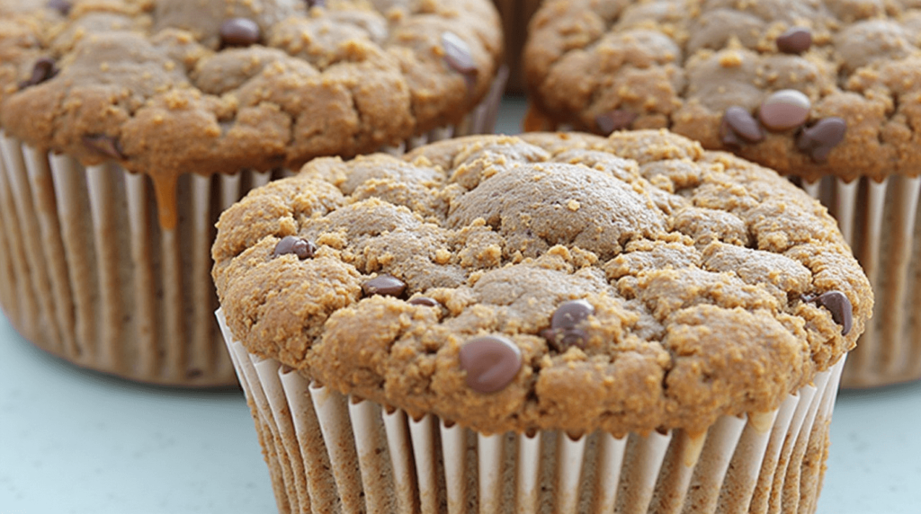 Frisch gebackene vegane Muffins in Papierförmchen auf einem Holzbrett, garniert mit Blaubeeren und Nüssen