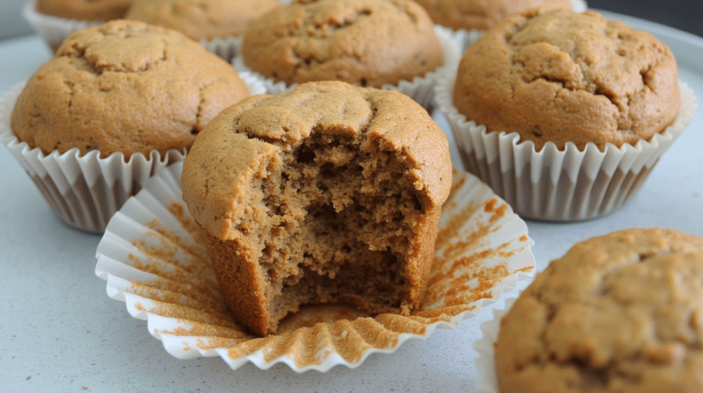 Vegane Muffins auf einem Holzteller, frisch gebacken und mit Beeren und Nüssen dekoriert
