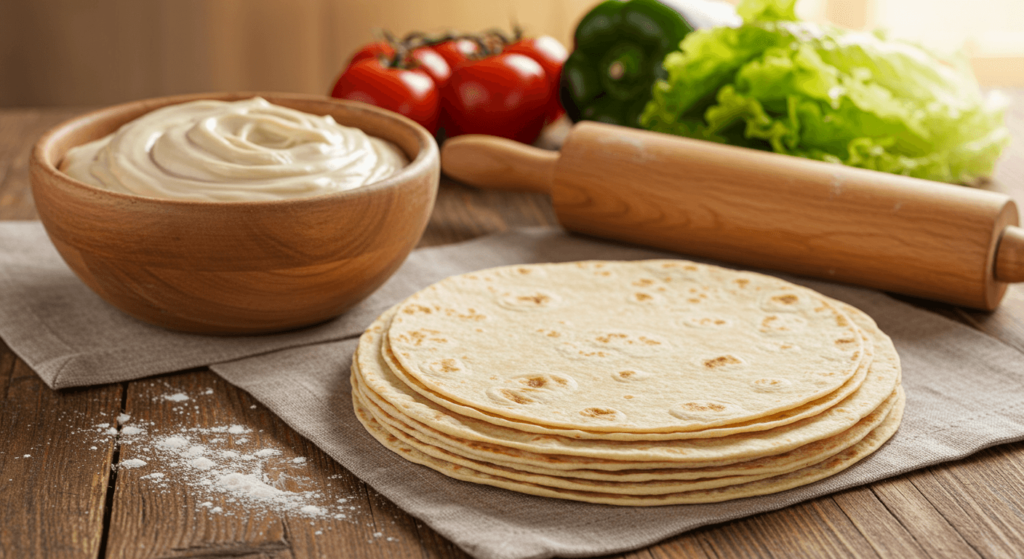 Selbstgemachter Wrap-Teig auf Holzbrett mit Mehl, Olivenöl und Nudelholz, bereit zum Ausrollen