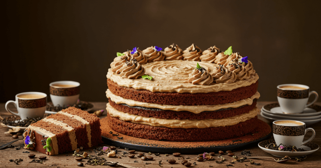 Frisch gebackener Kuchen mit Tasse Kaffee auf einem Holztisch