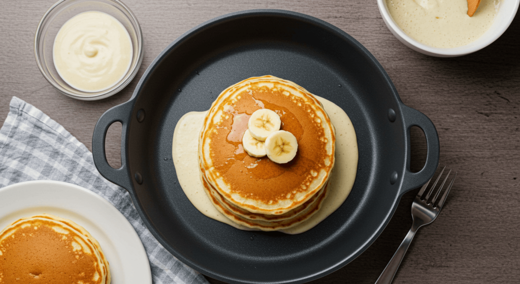 Goldbraune Pfannkuchen, frisch im Thermomix zubereitet, auf einem Teller angerichtet mit frischem Obst und Ahornsirup