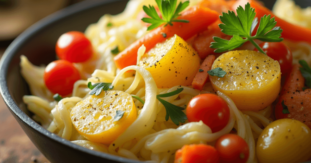 Frisch zubereitetes vegetarisches Spitzkohlgericht mit Tomaten, Kräutern und Nüssen in einer Pfanne angerichtet.